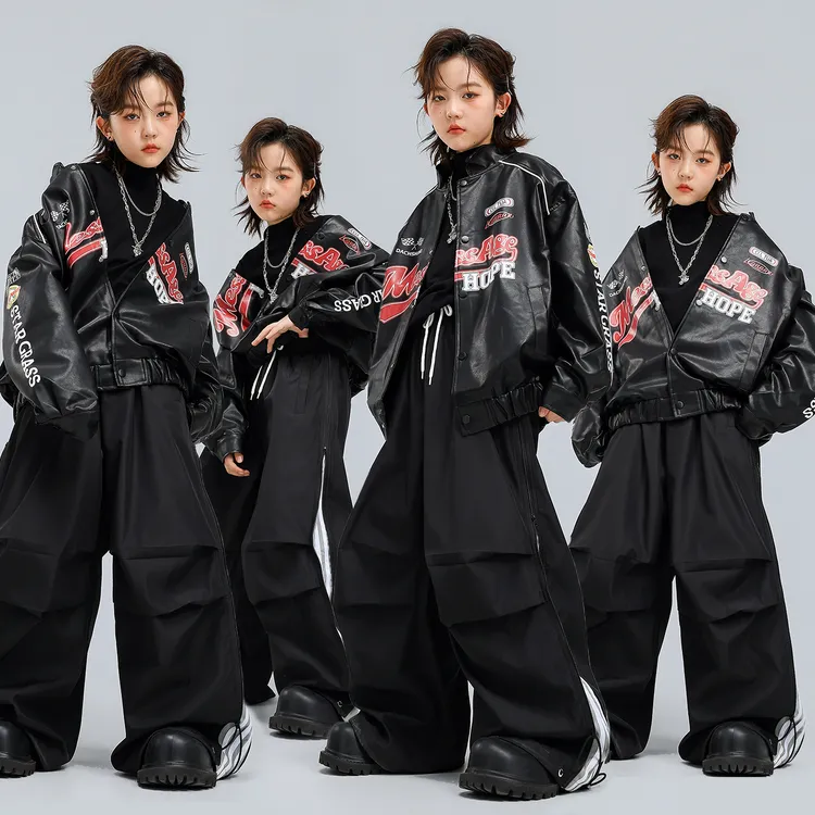 街舞儿童潮服男女童机车风酷帅皮衣嘻哈套装少儿hiphop街舞演出服