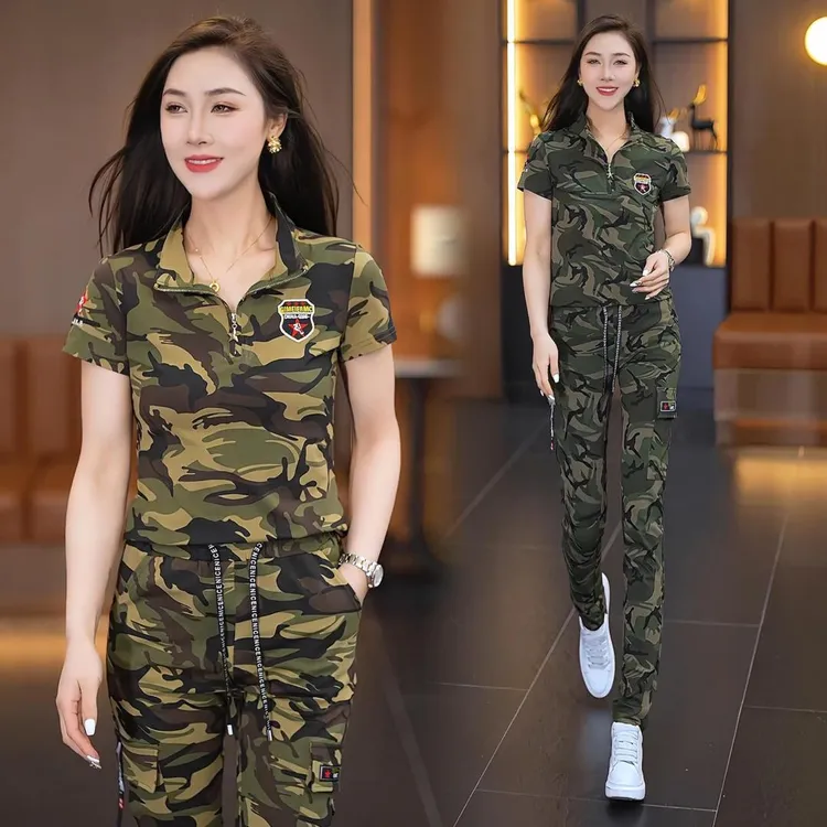 军迷服饰女夏季新款2025弹力显瘦迷彩套装户外运动休闲徒步登山服