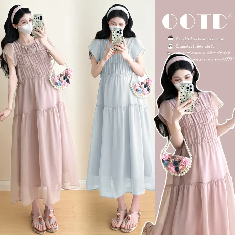 甜美时尚孕妇装女夏装新款爆款法式气质温柔显瘦孕妇连衣裙中长款