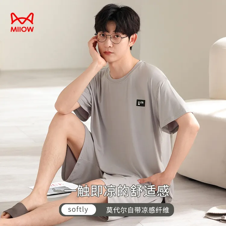 猫人家居服居家短裤套装薄款宽松夏季睡衣夏天运动舒适短袖透气