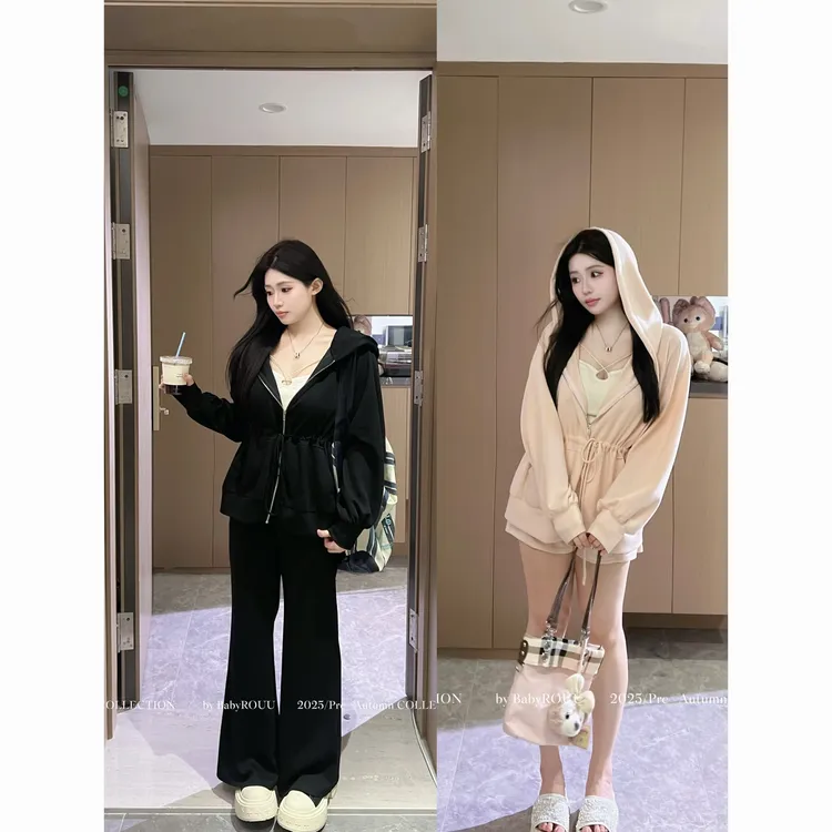 【慵懒时刻】温与柔美美桑内收腰风秋冬冬季百搭连帽休闲时尚套装