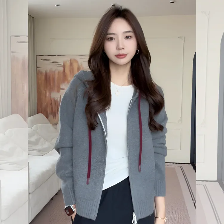 灰色连帽拉链开衫毛衣外套女款2025新款爆款秋冬季长袖针织衫上衣