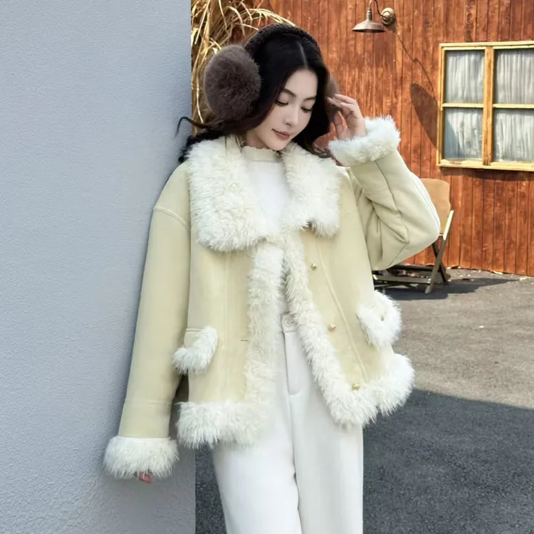 7019衣55奶黄色甜美绒夹克棉服女2025冬季新款皮毛一体棉衣外套