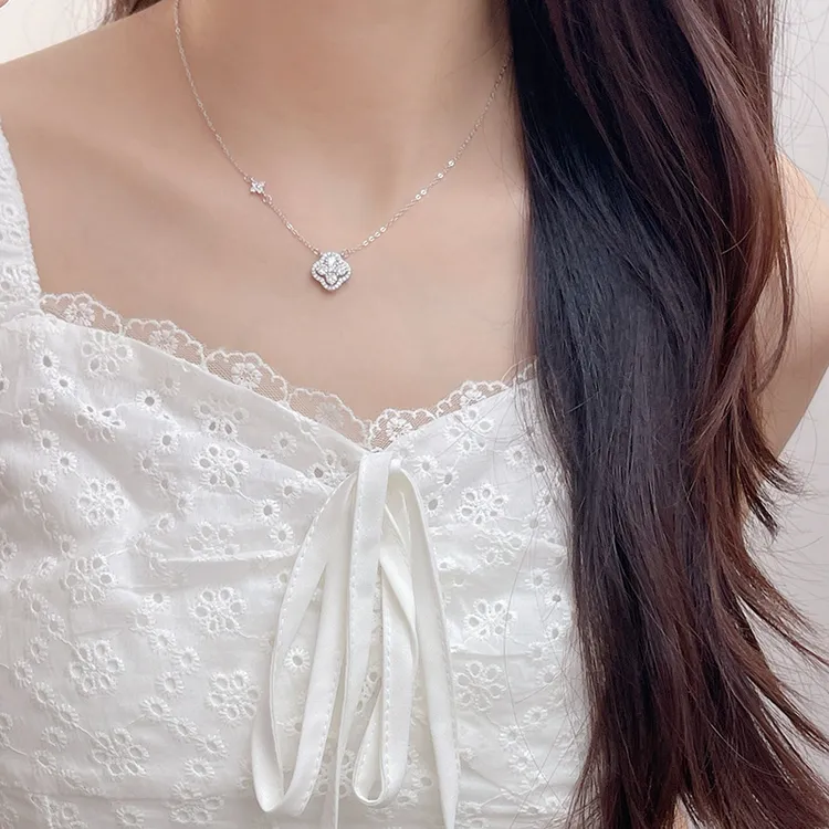 坠链均925银合成锆石 闪钻幸运四叶草项链轻奢百搭锁骨链送女朋友