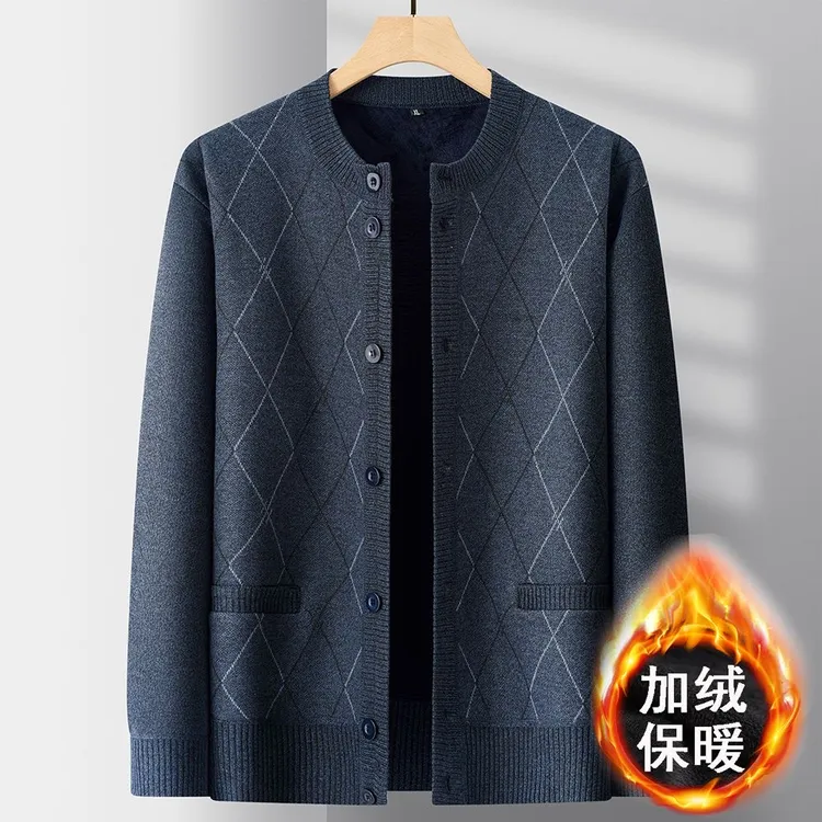 中老年男士春秋冬圆领开衫加绒爸爸装外套保暖针织毛衣纽扣长袖