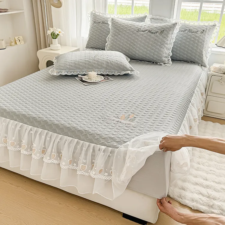 高品质提花PE凉感加厚冰丝床笠床裙款凉席三件套冰豆豆可机洗凉席