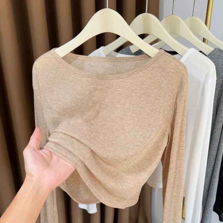 短款针织打底衫女2025新款大圆领t恤薄款宽松百搭防晒微透罩衫女
