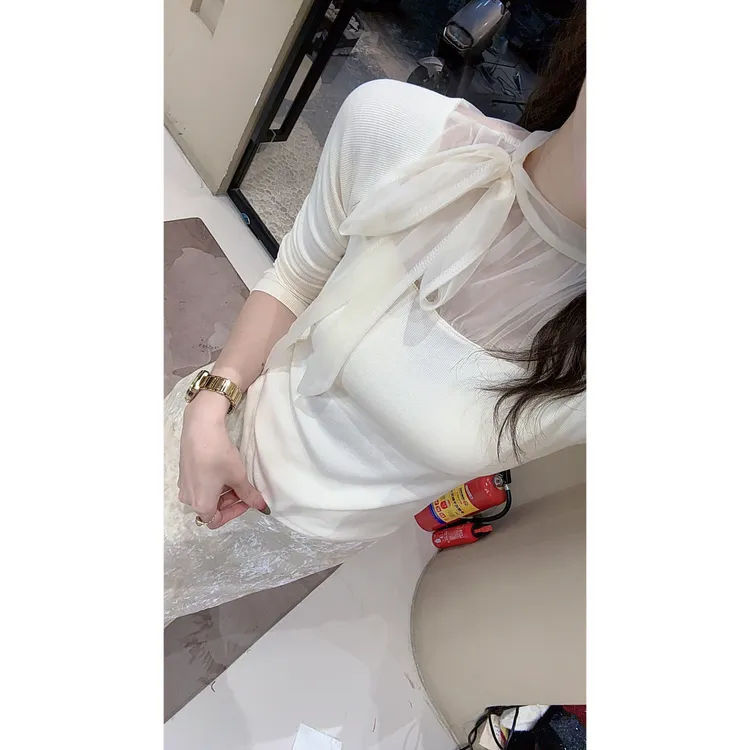 涵涵家 气质温柔风系带网纱拼接针织上衣