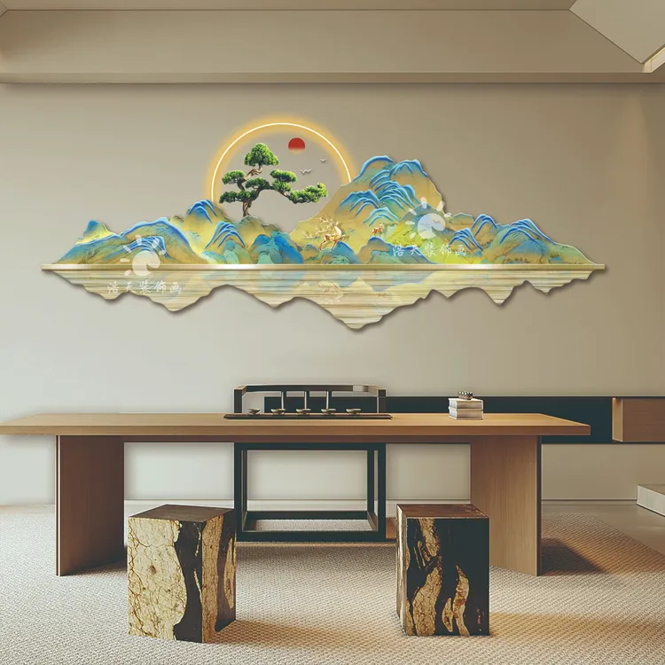 新中式千里江山图LED发光客厅沙发背景墙装饰画
