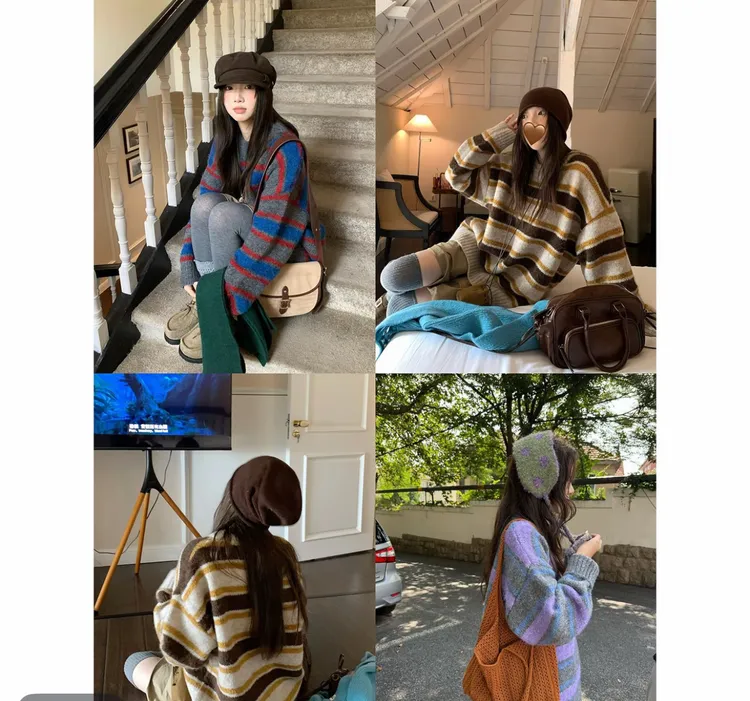 韩系加厚撞色条纹毛衣25秋冬新款慵懒松弛软糯套头针织衫女C088