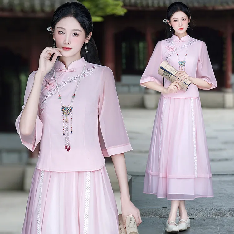 新中式女装少女感复古立领刺绣汉服上衣中国风唐装茶服粉色两件套