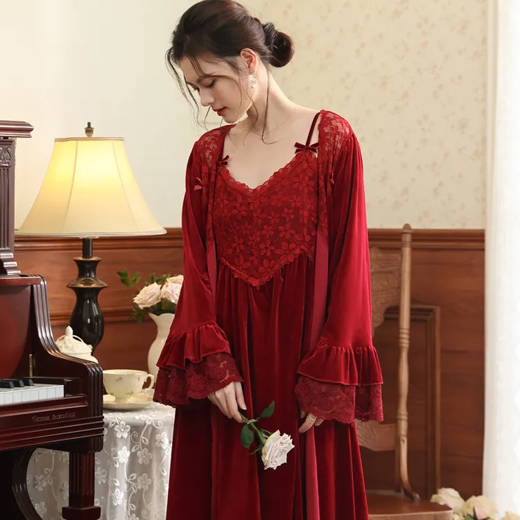 长袖睡袍女金丝绒睡裙新娘晨袍法式保暖睡衣可外穿家居服套装秋冬