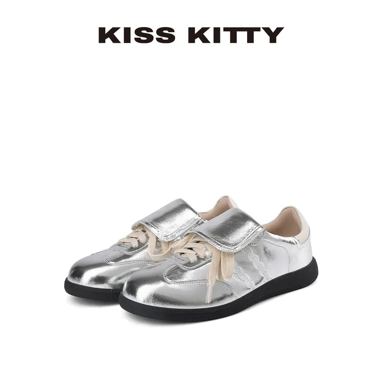KISSKITTY超火银色翻盖德训鞋25年春秋舒适软底软面休闲运动鞋