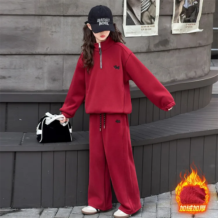 女童加绒运动卫衣套装秋冬2025新款中大儿童本命年冬季红色两件套