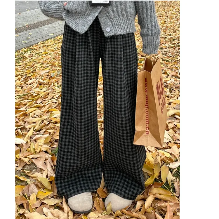 松弛感宽松格子裤女秋冬大码女装胖mm显瘦松弛感休闲毛呢阔腿长裤