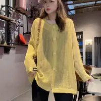-门襟纽扣圆领纯色薄款镂空毛衣防晒百搭显瘦宽松女针织衫半透