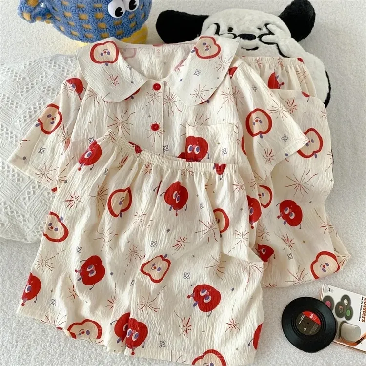 可爱卡通烟花小苹果睡衣女夏季梭织短袖短裤长裤三件套薄款家居服