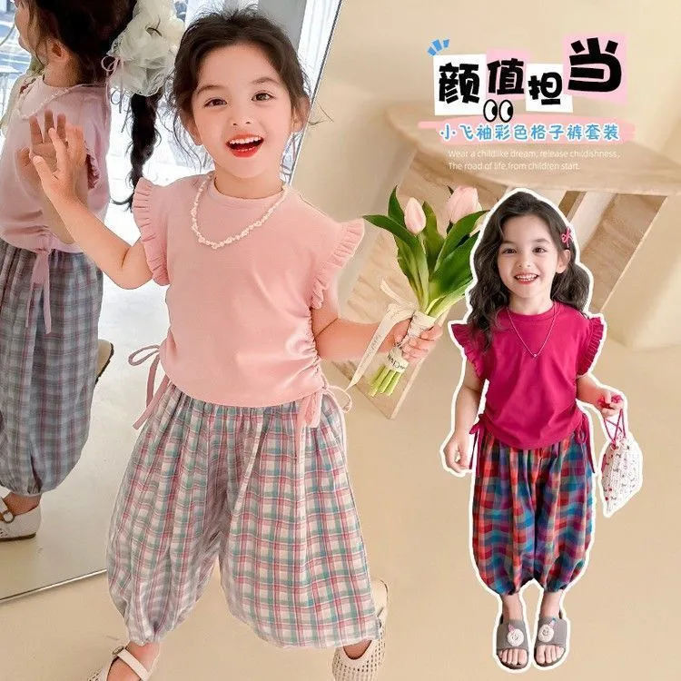女童夏季薄款休闲套装2025新款中小童洋气时髦飞飞袖上衣哈伦裤潮