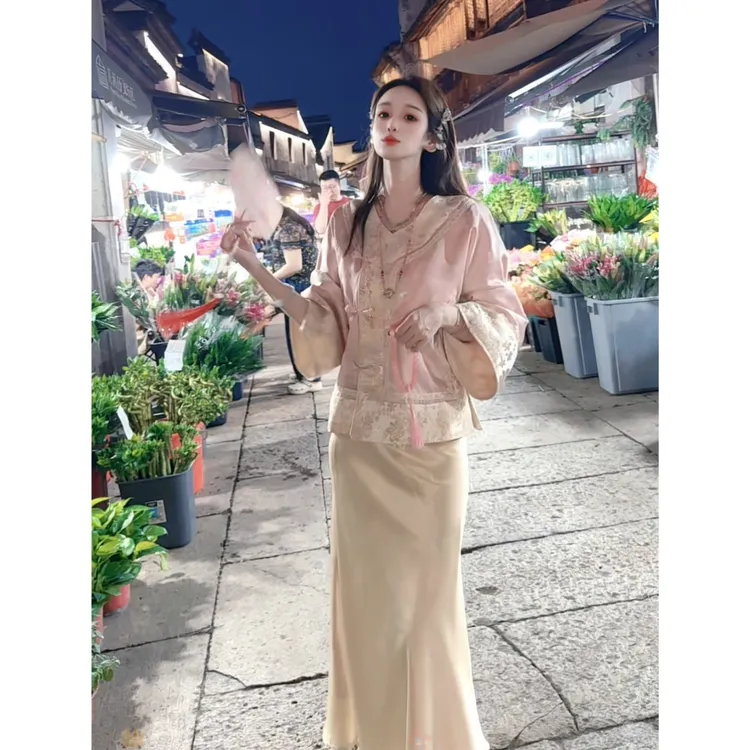 【金玉满堂】两件套新中式刺绣粉色外套女款早秋独特上衣半裙25105