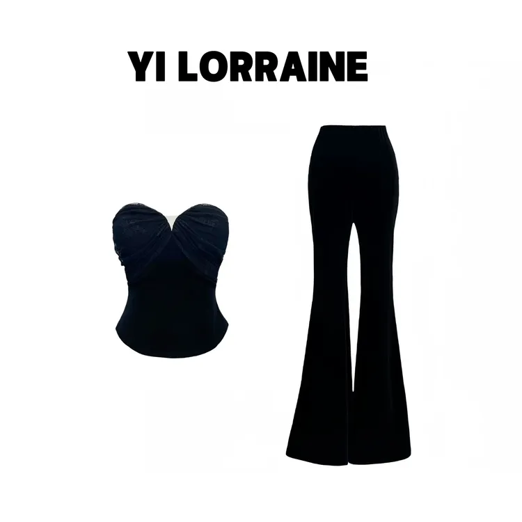 YI LORRAINE/旖洛琳原创设计进口醋酸防滑抹胸喇叭裤套装