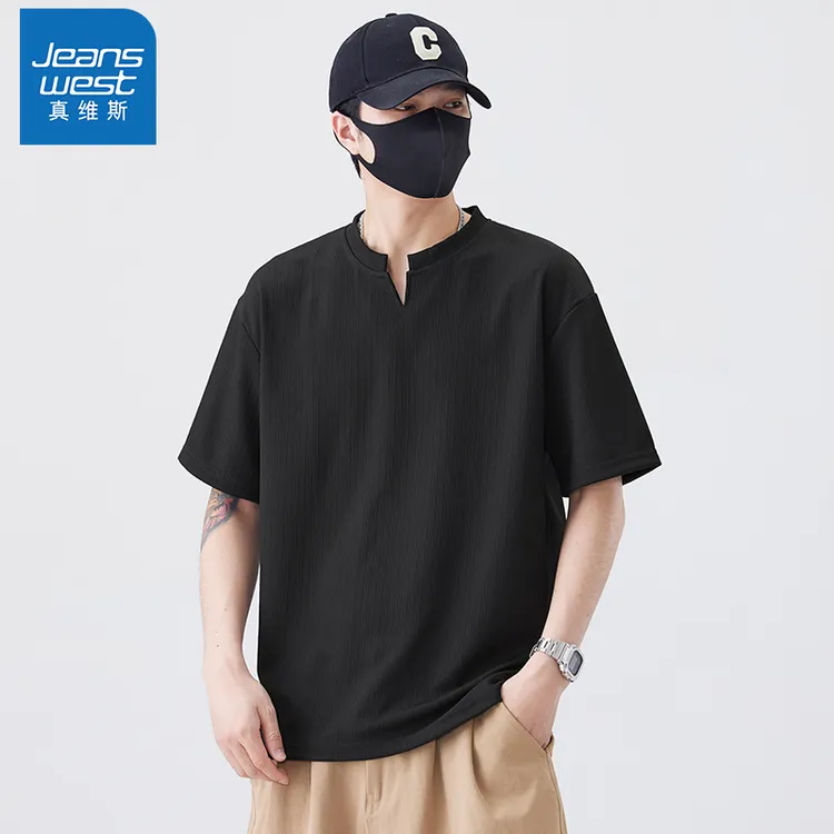 Jeanswest/真维斯夏季新款短袖男薄款纯色宽松上衣美式V领POLO衫