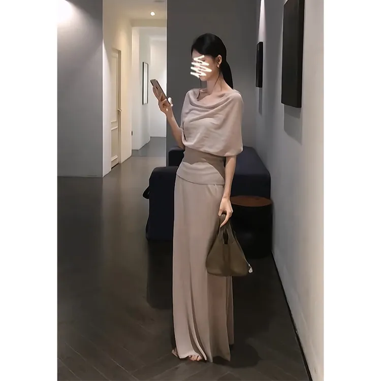 2025夏季新款法式气质修身荡领短袖上衣设计感高腰百搭显瘦半身裙