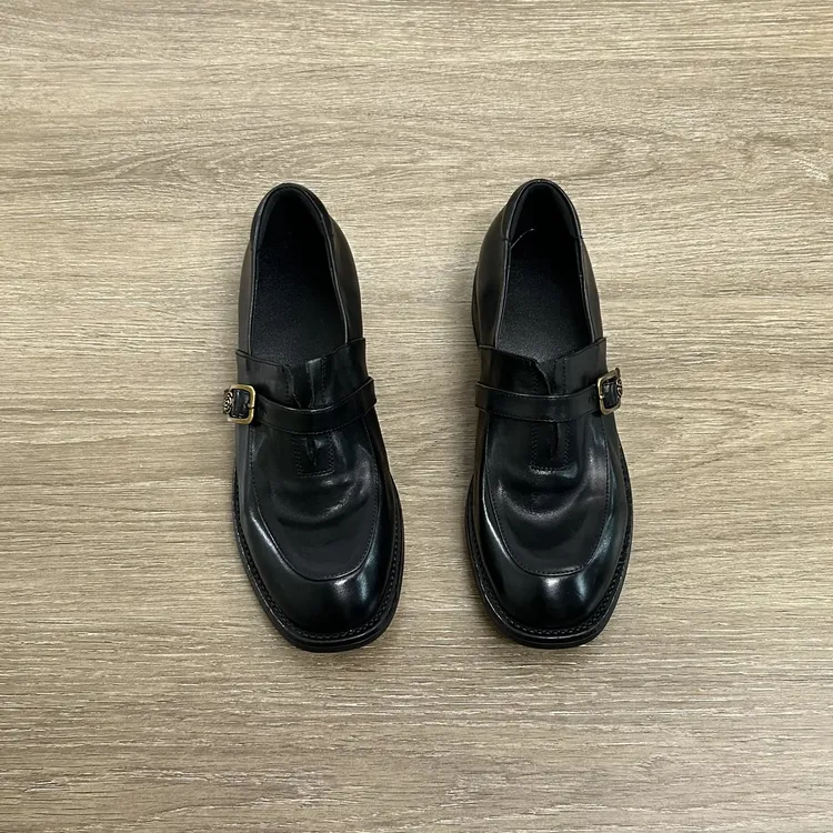 Dannyfrey法式复古皮带扣乐福鞋女粗跟小皮鞋中跟女舒适通勤单鞋