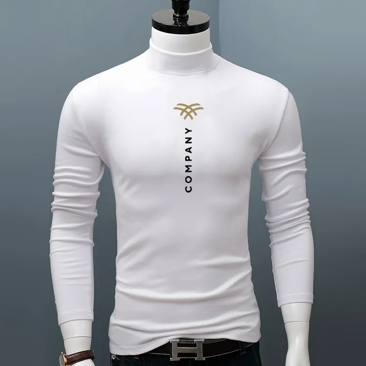 秋冬舒适半高领长袖t恤男士印花外穿紧身上衣修身青年保暖打底衫