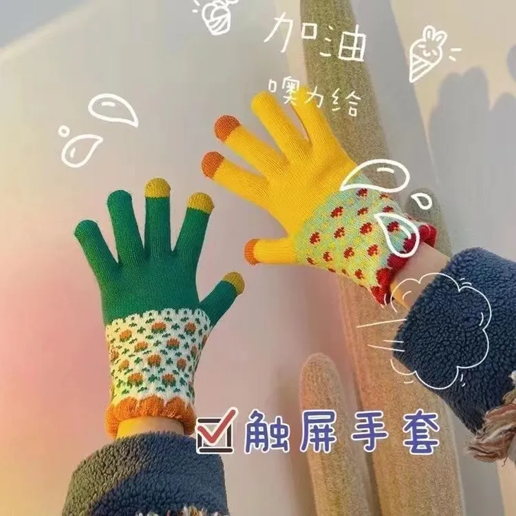 氛围感防寒手套撞色学生保暖触屏手套加绒女防风骑行手套可洗漱