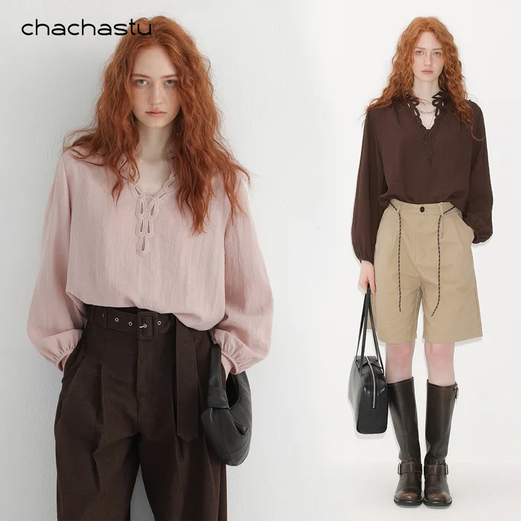 CHACHASTU法式慵懒风镂空长袖衬衫女早秋简约刺绣上衣ZRS1855