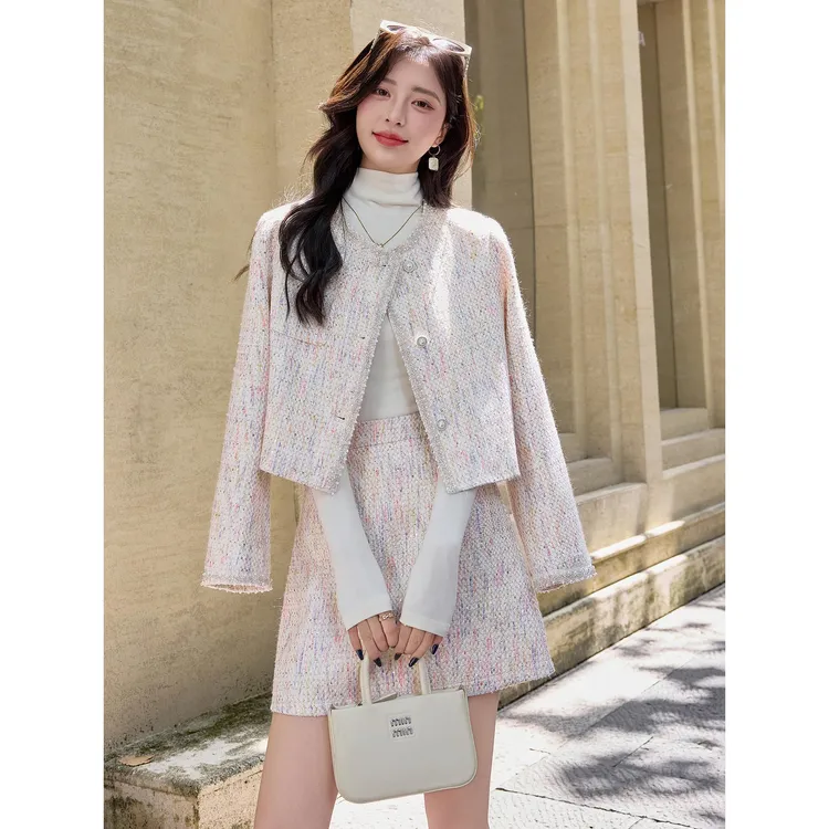 法芬图小香风套装女2025秋冬季新款气质粗花呢短款半身裙两件套
