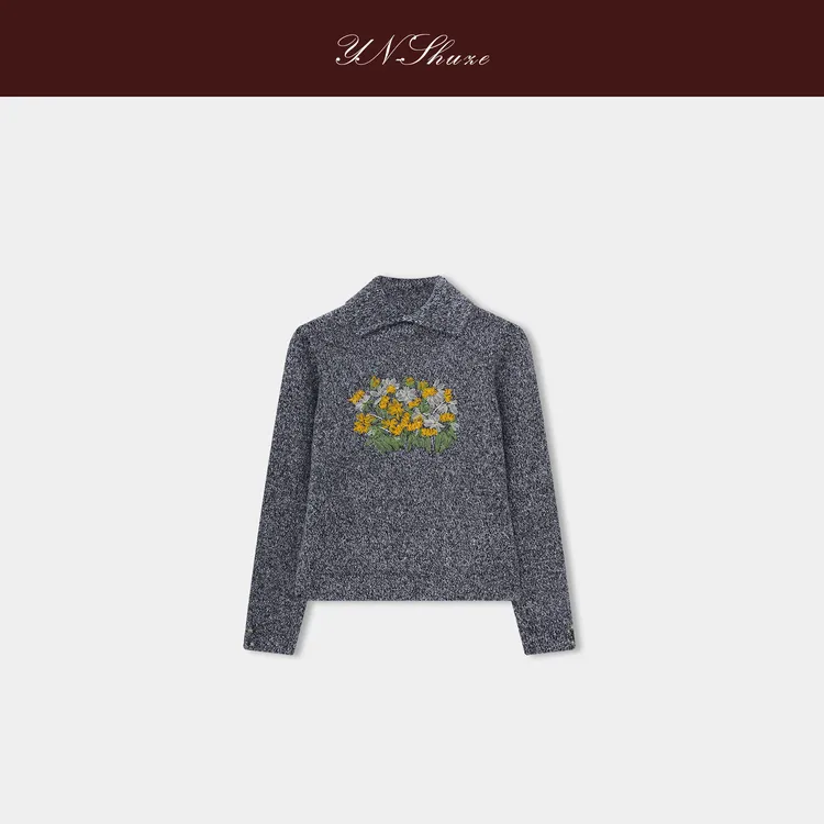 YN-SHUZE【郁金香花园】清新翻领针织衫刺绣花朵毛衣SZ-YNB-4462
