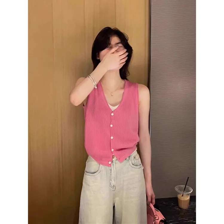 多巴胺假两件V领针织背心女夏季外穿薄款吊带设计感小众无袖上衣