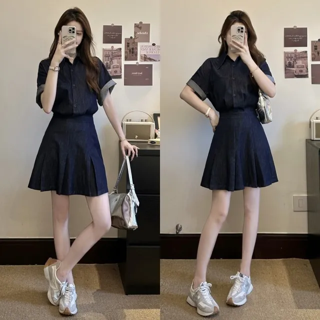 复古休闲大码收腰显瘦牛仔短袖小个子连衣裙女夏季新款微胖短裙子