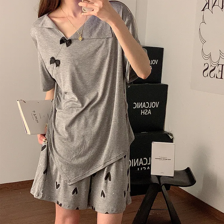 简约休闲睡衣女生新款夏季灰色蝴蝶结短袖短裤莫代尔棉家居服套装
