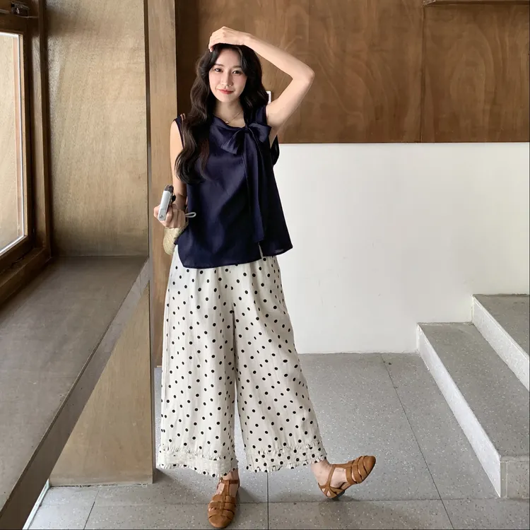 韩系蝴蝶结绑带无袖上衣波点阔腿裤两件套女2025夏季休闲减龄套装