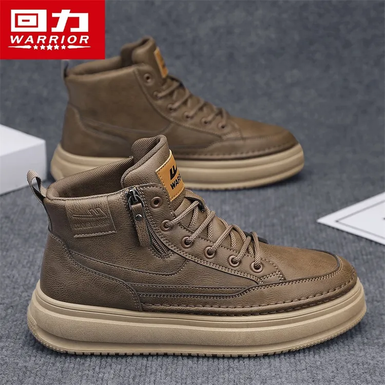 回力男鞋冬季英伦风皮面休闲马丁靴运动厚底防滑高帮侧拉链工装靴