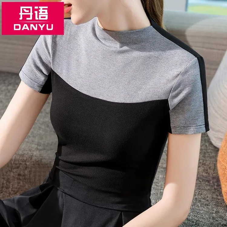 拼接欧货t恤女短袖2025新款早秋半高领内搭打底衫修身显瘦上衣