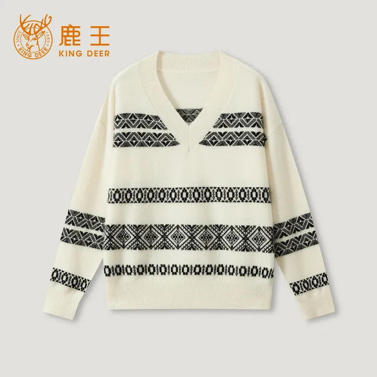 【达人专属】King Deer/鹿王秋冬百搭复古图形V领休闲羊绒衫L805629