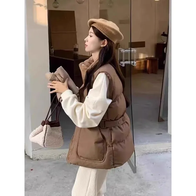 厚款工字型款拼接腰带女冬季马夹加厚外穿宽松