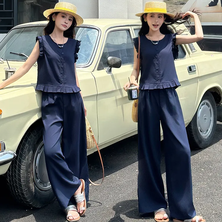 欧洲站2025夏木耳边无袖马甲背心阔腿休闲裤两件套女新款时尚套装