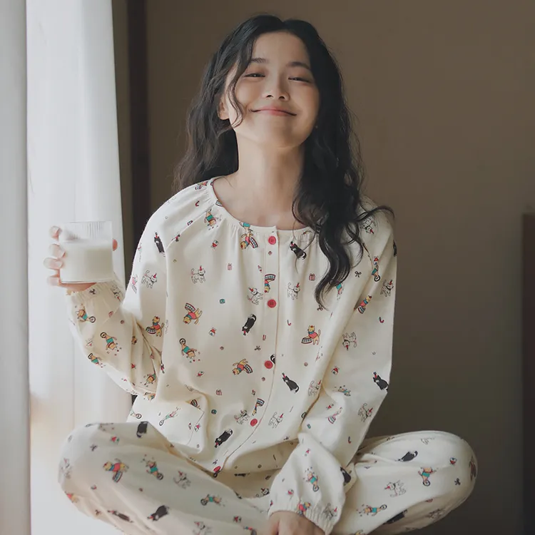 【段姐家居服】全棉磨毛长袖猫咪睡衣套装圆领开衫春秋甜美可爱舒适