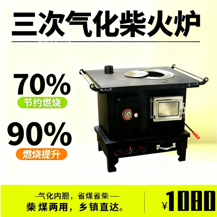 柴煤两用家用自吸气化炉75型烤箱款农村厨房节能无烟气化柴火炉