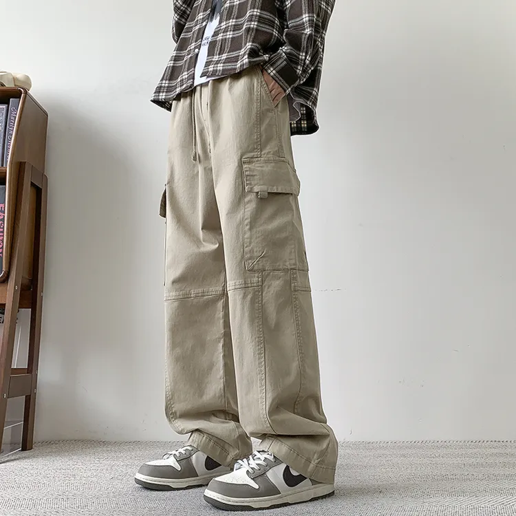 高品质水洗纯棉工装裤秋冬大码休闲裤男港风阔腿裤百搭直筒裤长裤