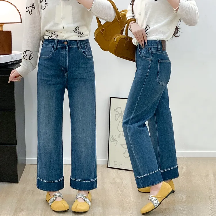 2025秋季新款弹力直筒牛仔裤女胖mm梨形高腰小个子显瘦九分阔腿裤