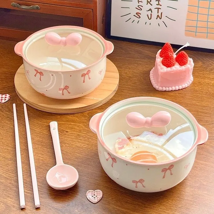 少女心蝴蝶结陶瓷釉下彩双耳带蝴蝶结盖面碗高颜值防烫泡面碗FFF