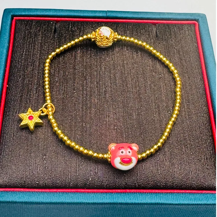 211#足金999  黄金珐琅彩草莓熊星星金珠手链（卡2金珠84颗）