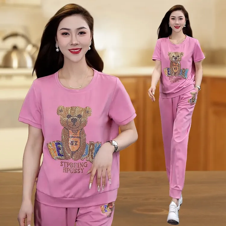 休闲气质运动服两件套时尚烫钻夏装薄款洋气短袖运动套装夏季宽松