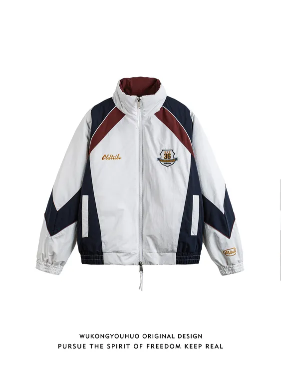 潮牌美式复古撞色运动棉衣男冬季情侣加厚外套国潮保暖棉服男士