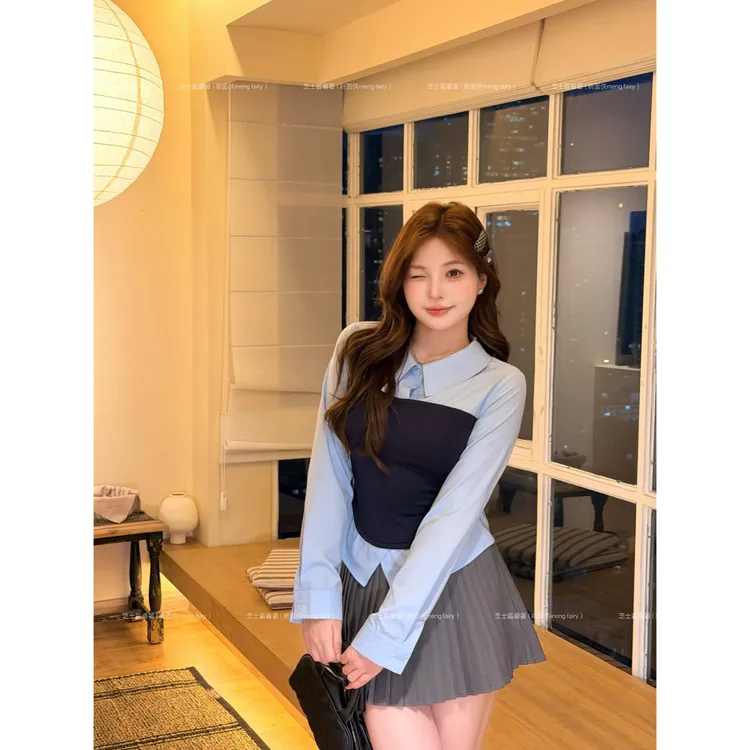 萌面侠芝士【被miu硬控】假两件拼接上衣高腰百褶半裙套装5682 7022